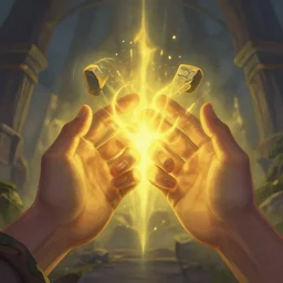 pair of hands, yellow light emission, hearthstone art style, epic fantasy style art by Craig Mullins, fantasy epic digital art, epic fantasy card game art by Greg Rutkowski