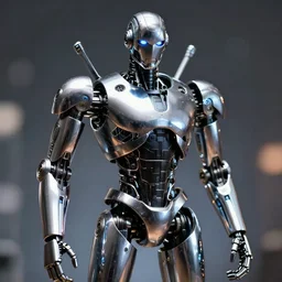 A studio portrait of Bane from the movie The Dark Knight Rises (2012) as a chrome-plated robot, abstract, bokeh, 90mm, f/1.4