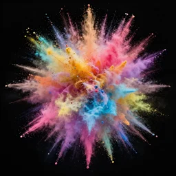 a centered explosion of colorful powder on a black background, full shot, amazing detail