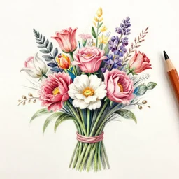 professional colored pencil drawing of flower bouquet, long colored pencil strokes, sketchbook aesthetic, mixed media