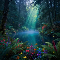 photograph of a beautiful lake in a dense mystic forest, colored flowers, mystic hues, bioluminescence, breathtaking lights shining, psychedelic fern, tyndall effect, many fire flies, dense forest, foggy, 4k, Acid Pixie, by thomas kinkade and lee madgwick