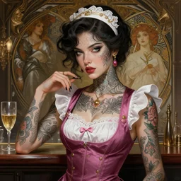 portrait of a cyberpunk tattooed barmaid, intricate, elegant, highly detailed, digital painting, artstation, concept art, smooth, sharp focus, illustration, art by artgerm and greg rutkowski and alphonse mucha, 8 k