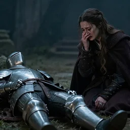 woman crying next to a knight's body, cinematic, dramatic scene