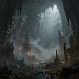 dwarven underground city thick with smog, artstation underground cities, stalactite structures, dark fantasy, chris dien landscape