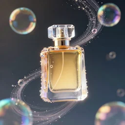 perfume bottle floating in rainbow soap bubbles, path traced, environment, highly detailed, concept art, realistic, octane render, up close shot shinji aramaki, karol bak, alphonse mucha