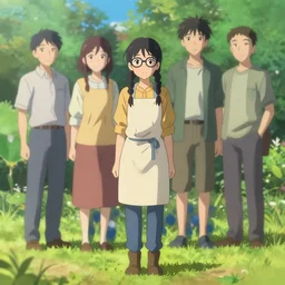 a beautiful full body portrait of a young woman with twin braids, wearing glasses and an apron standing in a park, makoto shinkai, james gilleard,  lois van baarle, ilya kuvshinov, rossdraws, very detailed, matte, gaussian blur, tone mapped