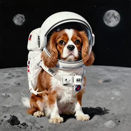 cavalier king charles spaniel, wearing an cosmonaut helmet, russian cosmonaut, on the moon, art by artgerm and david a hardy