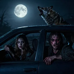 Horrifyingly devastated man and woman hiding inside of a car while a werewolf howls at the moon outside