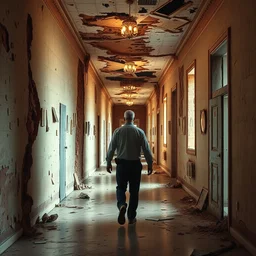 a man walking down a disintegrating hallway