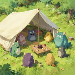 lab to create cute monsters and creatures joyfully chatting in a tent of a campsite, aerial view, natural lighting, playful color scheme, intricate details, matte painting, illustration, by hayao miyazaki