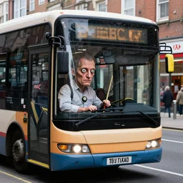 a perfect, distorted, monstrous, hyper realistic portrait photograph of a bus driver at work, although he has skin replaced with snooker balls and he is driving the bus through the wall of a local branch of hsbc.