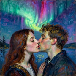 close portrait of woman and man kissing. aurora borealis. iridescent, vivid psychedelic colors. painting by fra angelico, agnes pelton, utamaro, monet