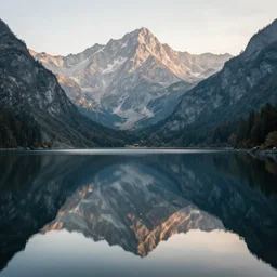 professional photography of beautiful calm lake, reflection mountains in background in lake, volumetric soft light, highly detailed, super realistic, art by greg rutsoswki