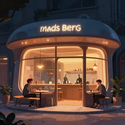 illustrated exterior of a futuristic cafe, mads berg, giuseppe riccobaldi, dramatic lighting, greg rutkowksi, ( (