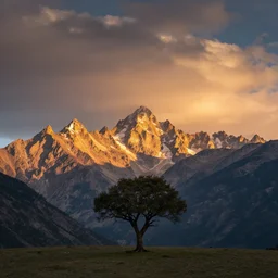 award winning landscape photography by charlie waite, lone tree in foreground with bright jagged mountains in background, sunset, dramatic lighting, clouds