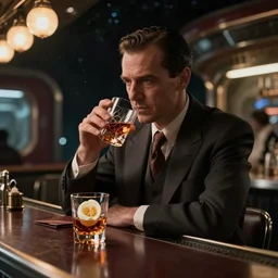 hard boiled detective drinking whisky at a bar in space, diner, 1 9 3 0 s, prohibition, sci fi, retro futuristic, concept art, moody, photorealistic