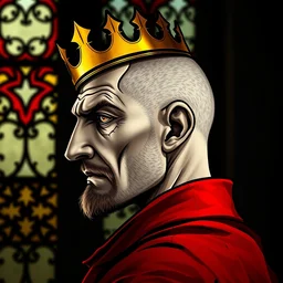 detailed side - view portrait of an evil man, crowned, wearing a small and simple crown, golden crown, buzzcut, stubble, red coat, medieval stained glass window, masterful, backlit