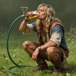 a hippie young man, blonde and silver hair, crouching, drinking beer from a a garden hose with a funnel on one end, colourful clothes, hyper realistic, extreme detail, grass, smooth, subtle shadows, fine details, octane render, stunning, intricate, elegant, highly detailed, digital painting, artstation, smooth, sharp focus, raw