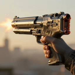cyberpunk handheld big gun firing, detail, atmospheric lighting, painted, intricate, golden hour, ultra detailed by peter gric, giger, enki bilal