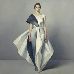 a full body portrait of a woman by justin ridler wearing a modern billowing dress, face in the style of irakli nadar