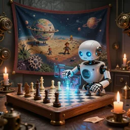 a beautiful tapestry, a small robot playing a futuristic holographic chessgame on a distant planet, ultra detailed, dystopian lighting, steampunk, moody, candles, characters from machinarium, by don bluth, trending on artstation, octane render, 8 k, ultra realistic