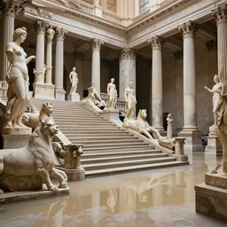 photo of flooded vast infinite classic halls and beautiful human statues with many huge marble staircases minotaur gods helenistic classic statues sculptures decrepit derelict abandoned piranessi