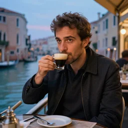 portrait of an italian man enjoying espresso in venice in the style of monet. photorealistic. dusk.