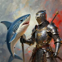 knight with the head of a shark, struck in battle, fantasy, digital painting, dramatic lighting, vibrant setting, realistic shading, unreal engine 5, concept art, ultra detailed, trending artstation