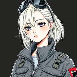 a copic maker realistic manga portrait highly detailed features by yoshiyuki sadamoto and lois van baarle of an anime girl wearing streetwear pilot suit lots of zippers, pockets, synthetic materials, jumpsuits by issey miyake and balenciaga 8 k