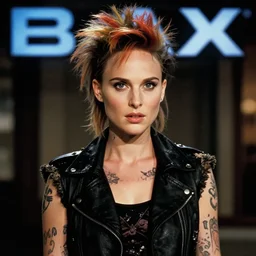 promotional image of natalie portman as a british punk rocker in the 80s, rugged black clothes, colorful dyed short hair, tatoos, detailed face, movie still frame, promotional image, imax 70 mm footage