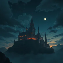 a wholesome animation key shot of an evil dark castle floating in the sky at night by studio ghibli, animation, sharp, rendered in unreal engine 5, focused, anime key art by greg rutkowski, donato giancola, bloom, dramatic lighting