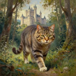 a giant cat walking towards a castle in the forest, oil painting