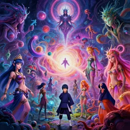 a psychedelic realm at the edge of existence where intensely creative astral beings exist, in the style of WLOP, lisa frank, and masashi kishimoto, illustration, epic, fantasy, hyper detailed, smooth, unreal engine, sharp focus, ray tracing