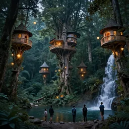 treehouses from gaudi in a deep mystical forest, floating chinese lampoons, lake, waterfall, tall people walking and discussing, dynamic lighting, art by peter mohrbacher on artstation, mix with blockhaus architecture, night mood