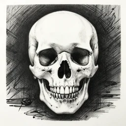 one Skull surrounded by darkness, ink on paper, crosshatch shading