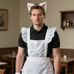 Chris Evans wearing a maid dress and cat ear headband, photorealism, photorealistic imagery