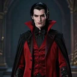 a vampire, male, mid - 3 0 s aged, long black hair, clean shaven, dressed formally in red and black, high fantasy, realistic, highly detailed, 8 k.