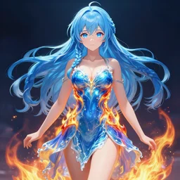 advanced digital anime art, a very cute beautiful and gorgeous woman wearing a dress made of fire and water , full body, very long wavy azure blue hair, braided hair, white highlights in hair, azure blue watery eyes, full round face, cinematic lighting, mid-shot, highly intricately detailed, trending on pixiv, Artstation, Totorrl, Visual Key, and Sakimichan