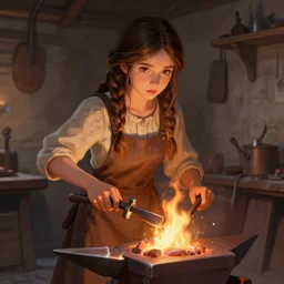 portrait of a young girl working in a blacksmith's forge, clear eyes, fair skin, tools in her hands, fantasy art, fire, digital art, unreal engine, in the style of camille rose garcia and francisco de goya,