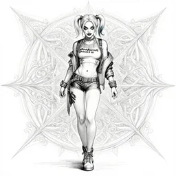 symmetry concpet art, full shot, traditional ink, sketch, of olivia wilde as harley quinn, line sketch, intricate, elegant, highly detailed, monochrome, digital painting, artstation, concept art, sharp focus, illustration, art by borderlands 3 and peter polach