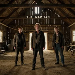 the martian in the barn, film still from the movie directed by denis villeneuve and david cronenberg with art direction by bernie wrightson and tim white, wide lens