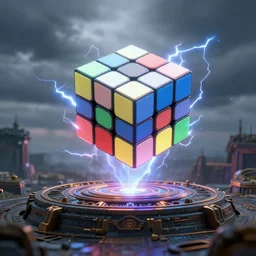 Magical glowing Rubik's cube with lightning effects surrounding it, levitating above an ancient mysterious platform outside on an overcast day, concept art, high detail, dramatic lighting, artstation, cinematic