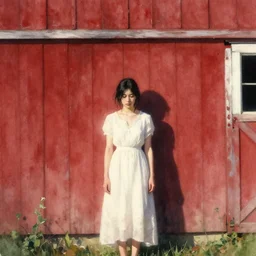 a young woman with black hair wearing a white! dress! standing in the shadow of a red barn. paint brush strokes, watercolor, cinematic light, establishing shot, sense of melancholy, american romanticism by hans dahl, greg rutkowski, tyler edlin