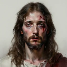 portrait of Jesus as a psychotic murderer, bloody, intricate, headshot, highly detailed, digital painting, artstation, concept art, sharp focus, illustration, art by artgerm and greg rutkowski and alphonse mucha