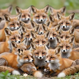 hundreds of adorable foxes in a pile, wildlife photography