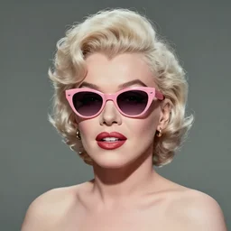 Close frontal photographic portrait of Marylin Monroe with Pink sunglasses, in New York 1941, subdued Flat color background, with character, with personality, in the style of ash thorp, concept art, trending on ArtStation, detailed, intricate, elegant
