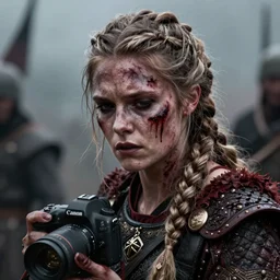 Ultrawide realistic photo of a bloody fierce viking woman, injured, battle-scarred mind-blowing details, highly detailed face, ethereal, sadness, luxury, ominous, scarred, highly detailed, viking attire, cinematic, 16k, 1080s,  smooth, sharp focus, by Stanley Artgermm, WLOP, trending on DeviantArt, trending on ArtStation, digital art, Smooth gradients, depth of field, shot on Canon Camera