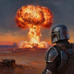 close mid shot of mandalorian watching nuclear explosion on jupiter during sunset  , panoramic cinematic very sharp oil painting by beksinski