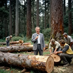 bbc tv presenter louis theroux holding a microphone talking to men cutting down ancient kauri trees at great barrier island, new zealand. enormous giant logs in background 1 9 5 0's photograph