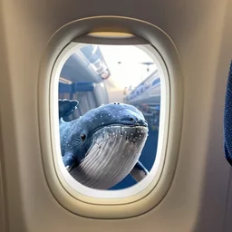 an airplane with a tiny whale pilot, the whale is in the airplane cabin, the whale head can be seen through the window by people outside the airplane, the whale can be seeing inside the front of the plane